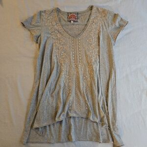 Johnny Was Boho Kemi Knit Heather Grey Drape Short Sleeve Cotton Embroidered